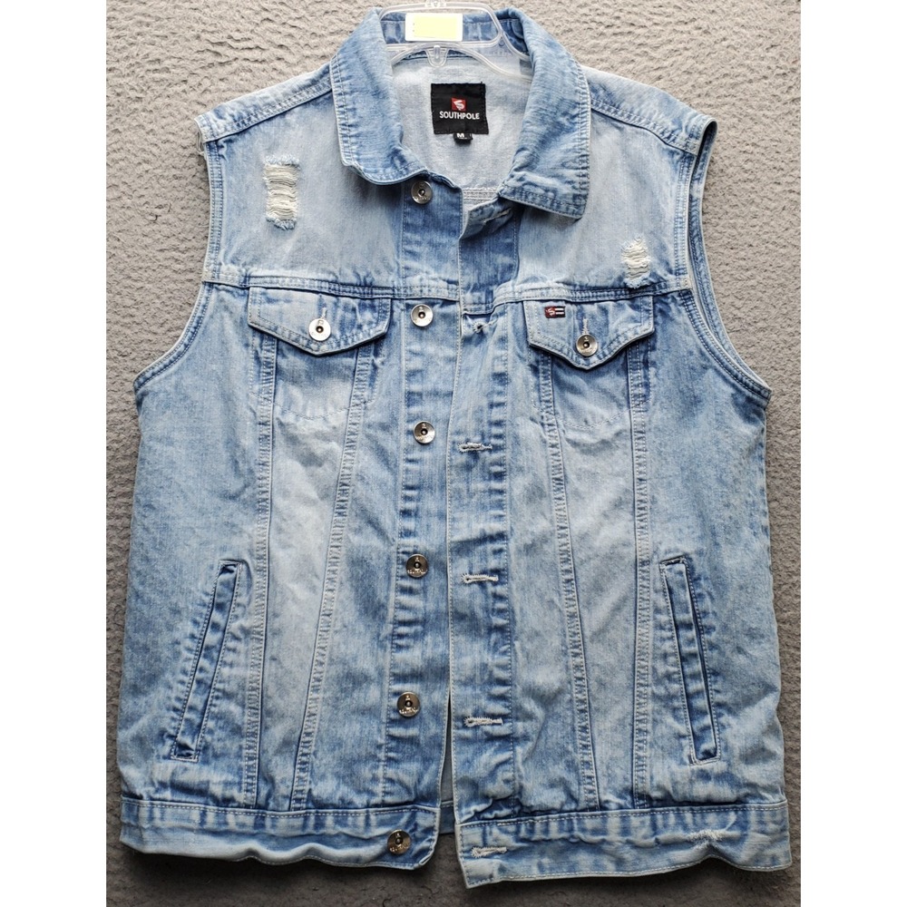 SouthPole Biker Trucker Vest Womens M Multi Denim Distressed Collar Button Front